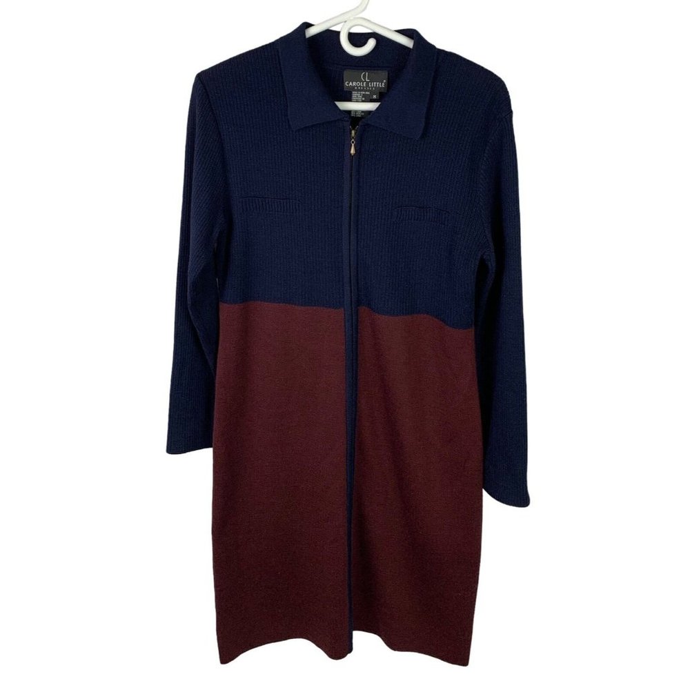 Carole Little Womens Wool Blend Sweater Dress Navy Burgundy Size Medium Zipper